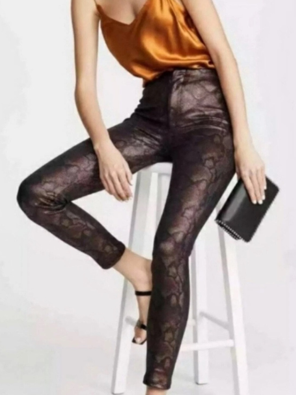 MOTHER The High Waisted Seamless Looker Ankle Snakeskin Bronze Metallic Pants - Picture 3 of 8